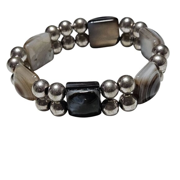 Elegant Agate Chunky Beaded Stretch Bracelet Silver Tone Fashion Jewelry Women - Picture 3 of 7